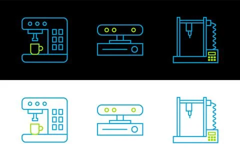 Set line 3D printer, Coffee machine and Motion sensor icon. Vector Stock Illustration