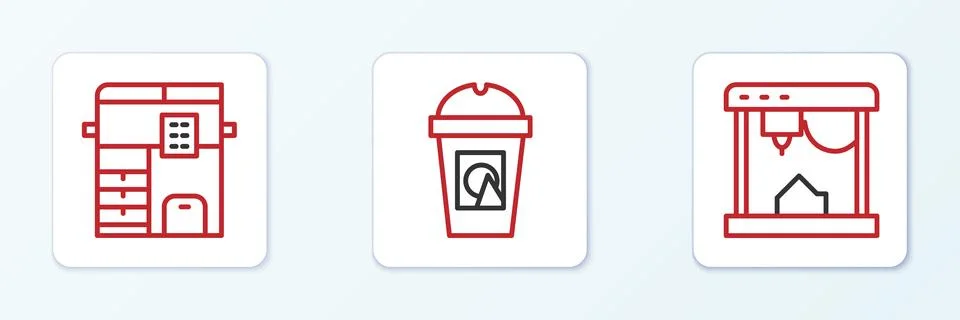 Set line 3D printer, Copy machine and Coffee cup to go icon. Vector Stock Illustration