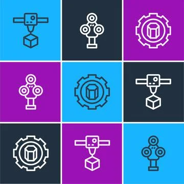 Set line 3D printer cube, setting and scanner icon. Vector Stock Illustration