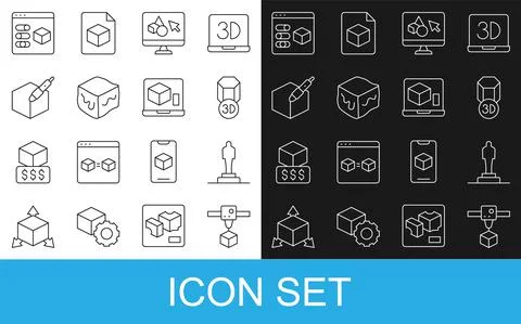 Set line 3D printer cube, model, software, Isometric, 3d pen tool, and icon Ilustração Stock