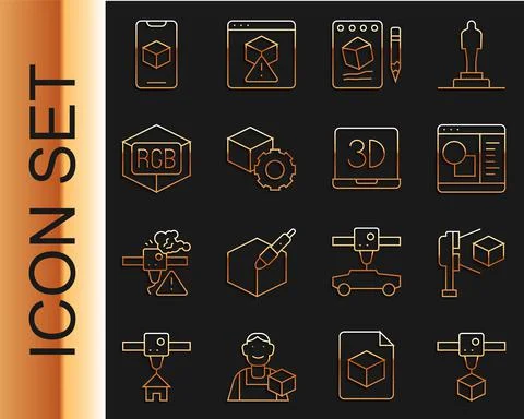 Set line 3D printer cube, scanner with, software, Sketch on paper, Isometric Ilustração Stock