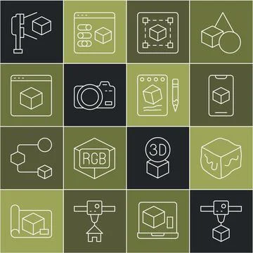 Set line 3D printer cube, Isometric, software, Geometric figure Cube, Photo Ilustração Stock
