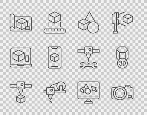 Set line 3D printer cube, Photo camera, Basic geometric shapes, Graphing paper Illustrazione stock