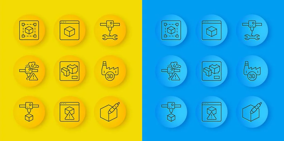 Set line 3D printer cube, warning, 3d pen tool, Printing house industry Illustrazione stock