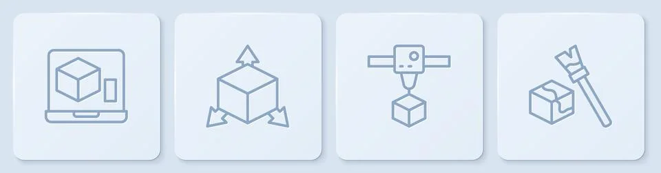 Set line 3D printer, cube, Isometric and . White square button. Vector Stock Illustration