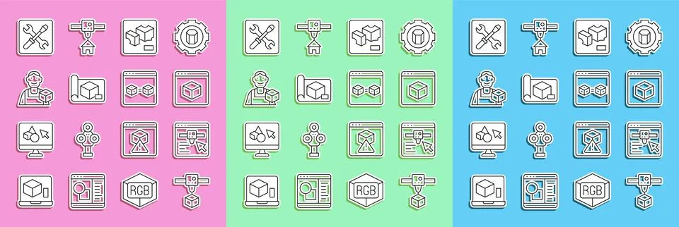 Set line 3D printer cube, setting, Graphing paper for engineering, Graphic Illustrazione stock