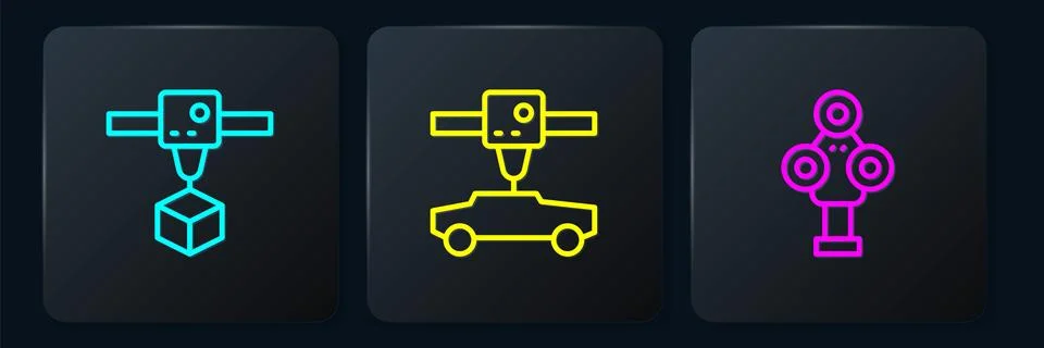 Set line 3D printer cube, scanner and car. Black square button. Vector Stock Illustration