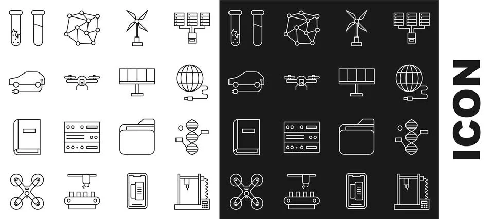 Set line 3D printer, DNA symbol, Social network, Wind turbine, Drone flying イラスト素材