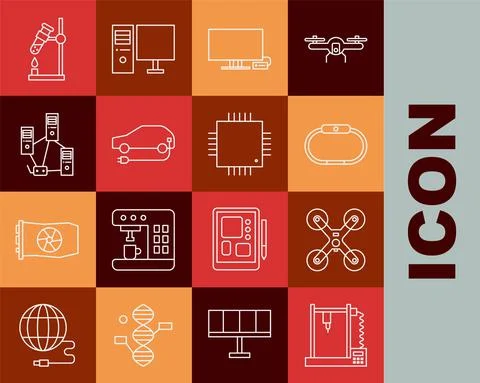 Set line 3D printer, Drone flying, Smartwatch, Tv, Electric car, Computer Illustrazione stock