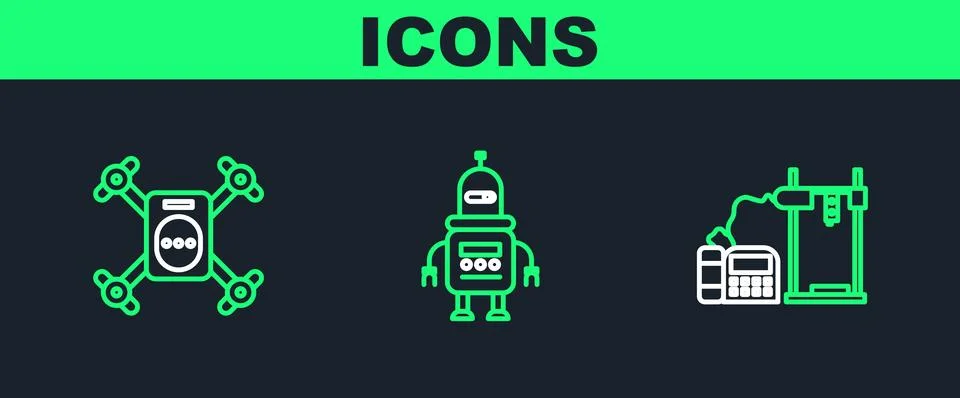 Set line 3D printer, Drone flying with action camera and Robot icon. Vector Stock Illustration