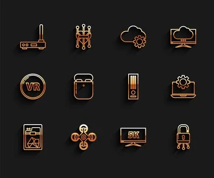 Set line 3D printer, Drone, Router and wi-fi signal, Monitor display with 5.. Stock Illustration