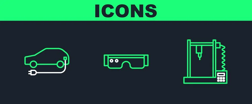 Set line 3D printer, Electric car and Smart glasses icon. Vector Stock Illustration