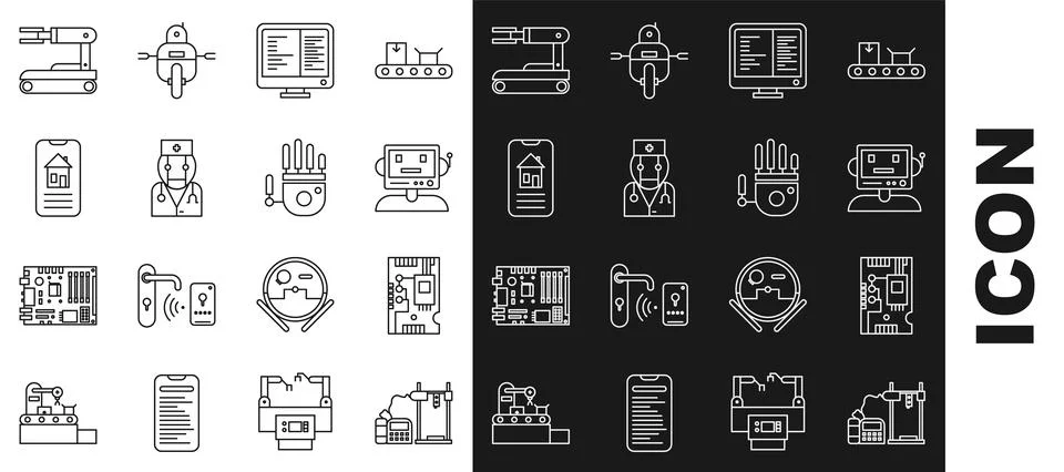 Set line 3D printer, Electronic computer components motherboard digital chip Stock Illustration