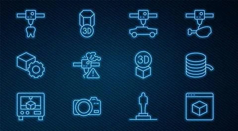 Set line 3D printer, Filament for, car, warning, Isometric cube, tooth,  an.. Stock Illustration