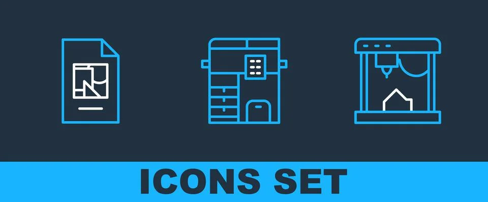 Set line 3D printer, File document and Copy machine icon. Vector Stockillustratie