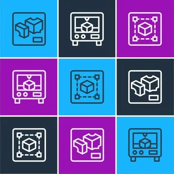 Set line 3D printer, Geometric figure Cube and icon. Vector Stock Illustration