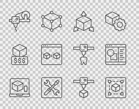 Set line 3D printer, Geometric figure Cube, Isometric cube, setting, perfect Stock Illustration