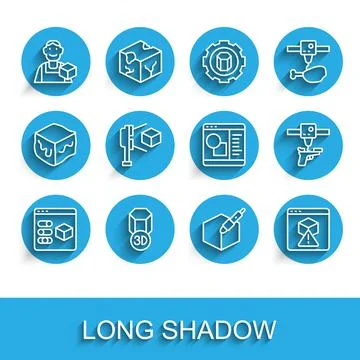 Set line 3D printer, Graphic designer, 3d pen tool, scanner with cube, gun and Ilustração Stock