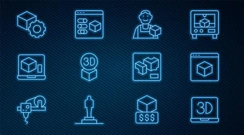 Set line 3D printer, Graphic designer, Isometric cube, and icon. Vector Stock Illustration