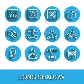 Set line 3D printer, Graphic designer, software, wrench spanner, RGB and CMYK Ilustração Stock