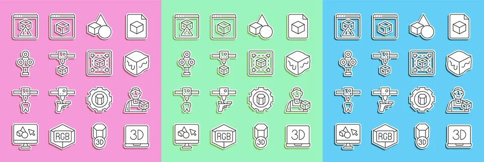 Set line 3D printer, Graphic designer, Isometric cube, Basic geometric shapes Illustrazione stock