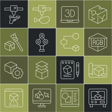 Set line 3D printer, Graphing paper for engineering, RGB and CMYK color mixing Stock Illustration