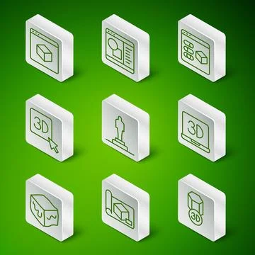 Set line 3D printer, Graphing paper for engineering, model, software, Isome.. Illustrazione stock