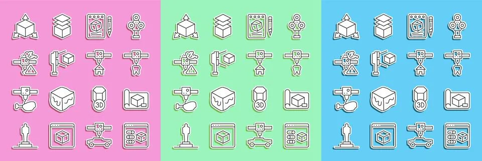 Set line 3D printer Graphing paper for engineering tooth Sketch on scanner wi Stock Illustration