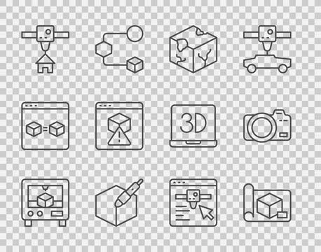Set line 3D printer, Graphing paper for engineering, Isometric cube, 3d pen.. Stock Illustration