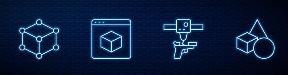 Set line 3D printer gun, Isometric cube, and Basic geometric shapes. Glowing Illustrazione stock