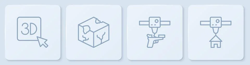 Set line 3D printer, gun, Isometric cube and house. White square button. Vector Stock Illustration