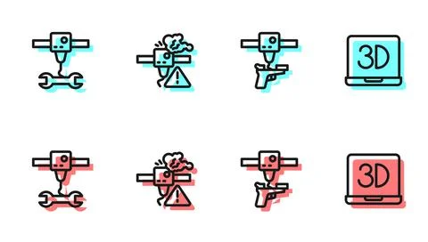 Set line 3D printer gun, wrench spanner, warning and icon. Vector Illustrazione stock