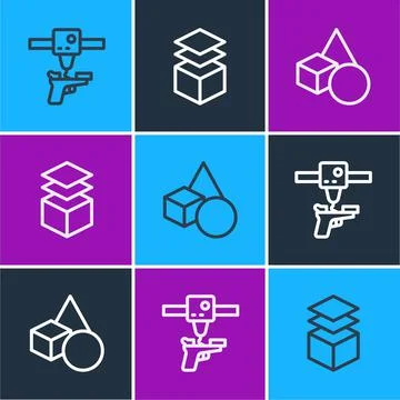 Set line 3D printer gun, Basic geometric shapes and Layers icon. Vector Stock Illustration