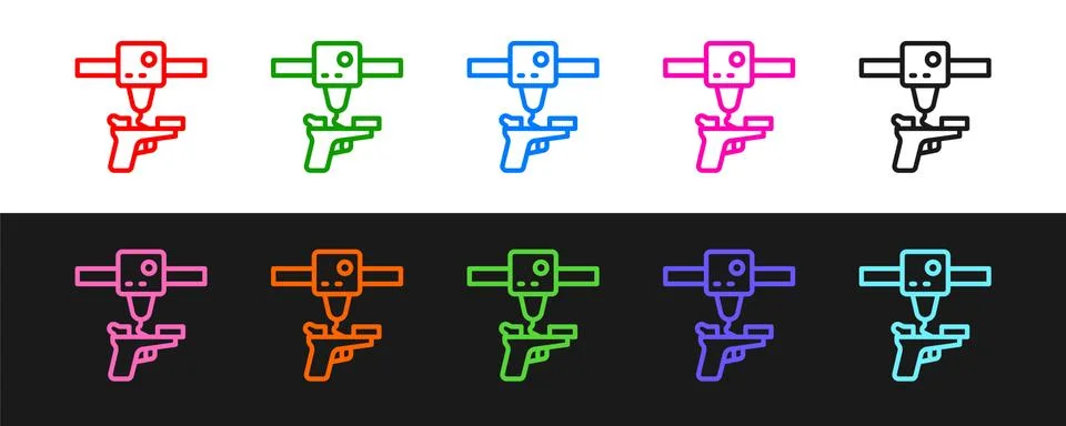Set line 3D printer gun icon isolated on black and white background. 3d printing Stock Illustration