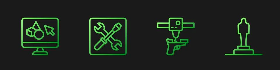 Set line 3D printer gun, software, setting and model. Gradient color icons Stock Illustration