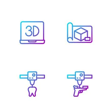 Set line 3D printer gun, tooth, and Graphing paper for engineering. Gradient Stock-Illustration
