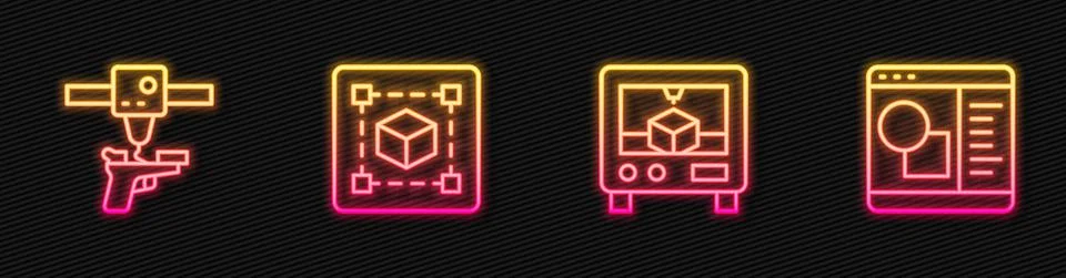 Set line 3D printer, gun, Geometric figure Cube and software. Glowing neon icon Ilustração Stock