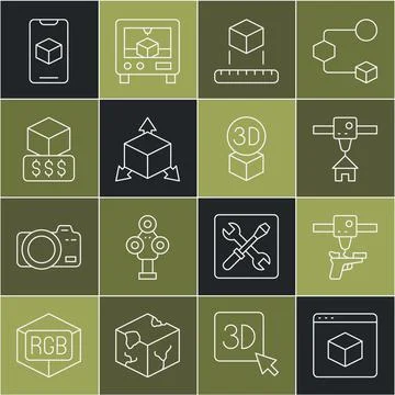 Set line 3D printer, gun, house, Isometric cube, services, software and icon Stock Illustration