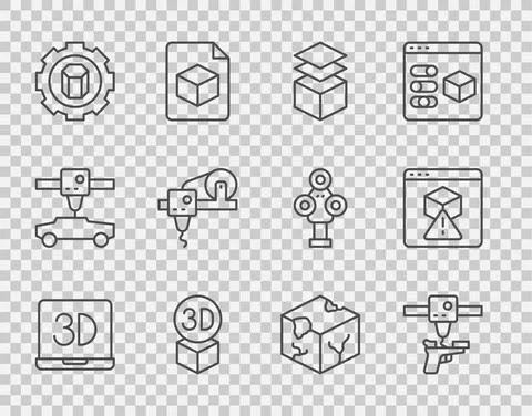 Set line 3D printer, gun, Layers, Isometric cube, setting, and icon. Vector Stock Illustration