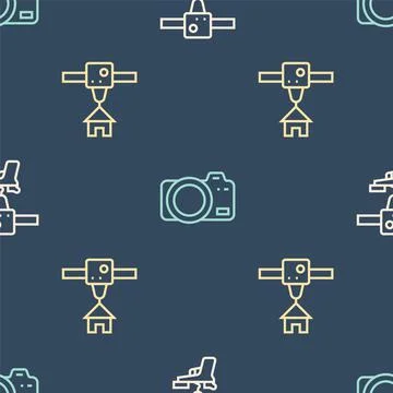 Set line 3D printer gun, house and Photo camera on seamless pattern. Vector Illustrazione stock