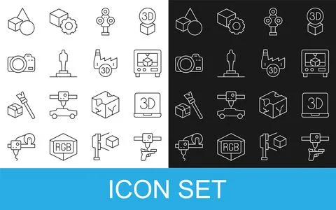 Set line 3D printer gun, scanner, model, Photo camera, Basic geometric shapes Illustrazione stock