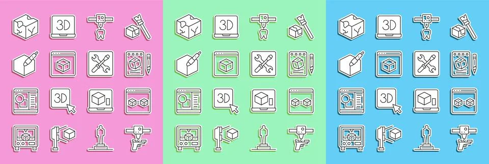 Set line 3D printer gun, perfect copy, Sketch on paper, tooth, 3d pen tool, I Ilustração Stock