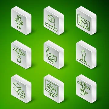 Set line 3D printer gun, software, scanner, Printing house industry, tooth Ilustração Stock