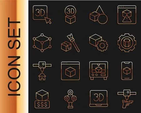 Set line 3D printer gun, software, setting, Basic geometric shapes, Isometric Illustrazione stock