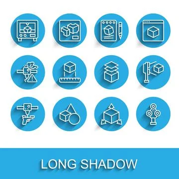 Set line 3D printer gun, Basic geometric shapes, Isometric cube, scanner, with Illustrazione stock