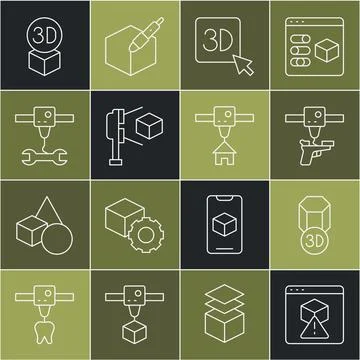 Set line 3D printer, gun, scanner with cube, wrench spanner, Isometric and house Illustrazione stock