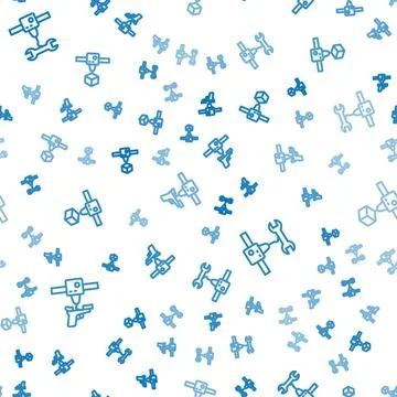 Set line 3D printer gun, wrench spanner and cube on seamless pattern. Vector Stock Illustration