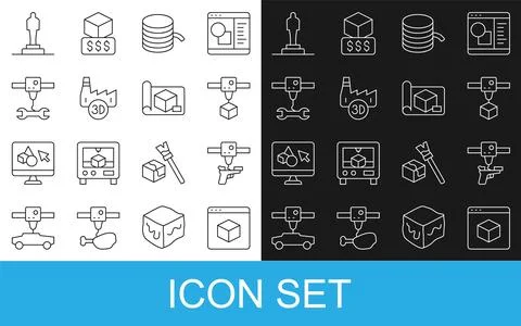 Set line 3D printer, gun, cube, Filament for, Printing house industry, wren.. Stock Illustration