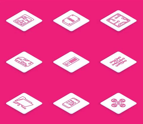 Set line 3D printer, Hard disk drive HDD, Processor, RAM, random access memory Illustrazione stock