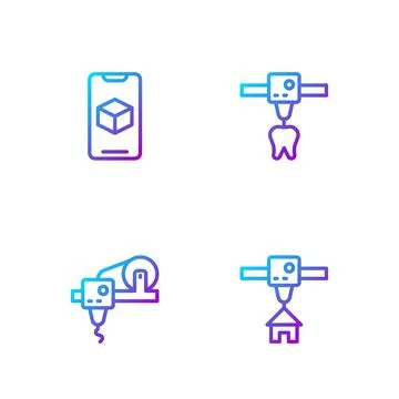 Set line 3D printer house, , software and tooth. Gradient color icons. Vector Ilustração Stock